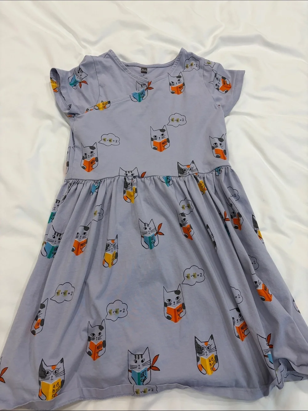Tea Collection Lavender Cat-Print Dress with Orange, Yellow & Teal Accents